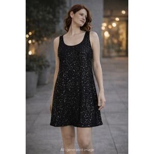 Eileen Fisher Petite Black 100% Silk Sequin Shift Dress Sleeveless Cocktail